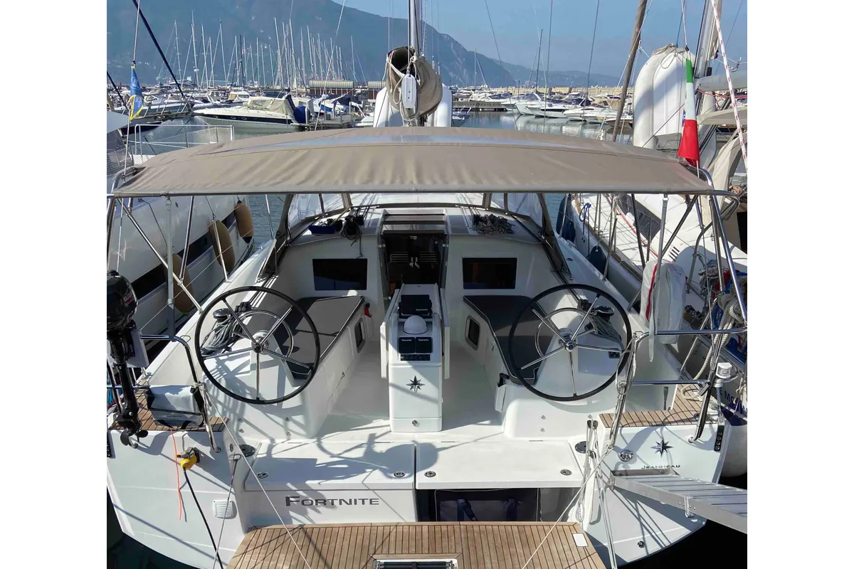 Cockpit of Fortnite, a Jeanneau Sun Odyssey 410 sailboat at Castellammare di Stabia, Italy