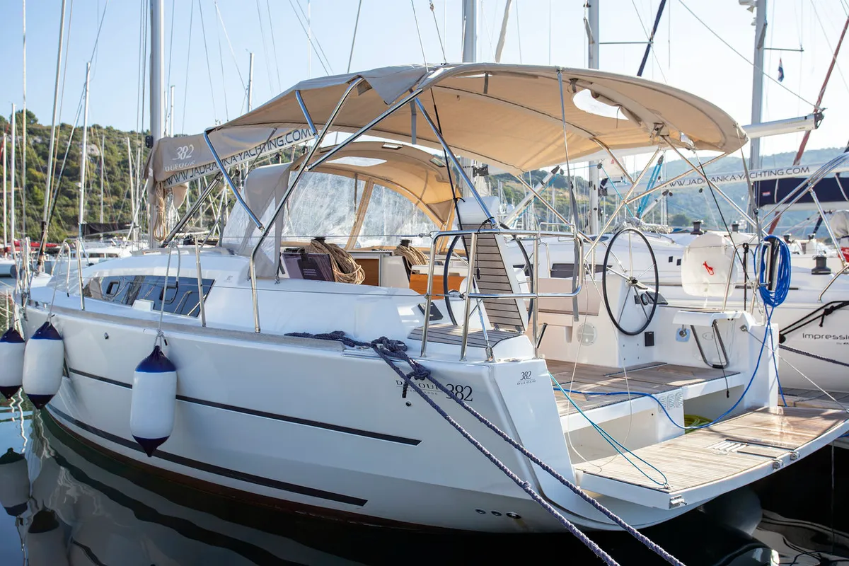 Exterior view of Niké, a Dufour 382 GL sailboat at Grad Pula, Croatia