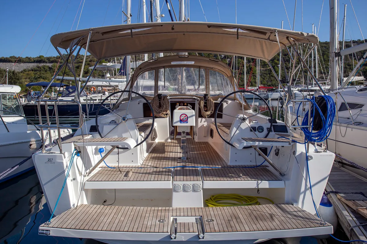 Cockpit of Niké, a Dufour 382 GL sailboat at Grad Pula, Croatia