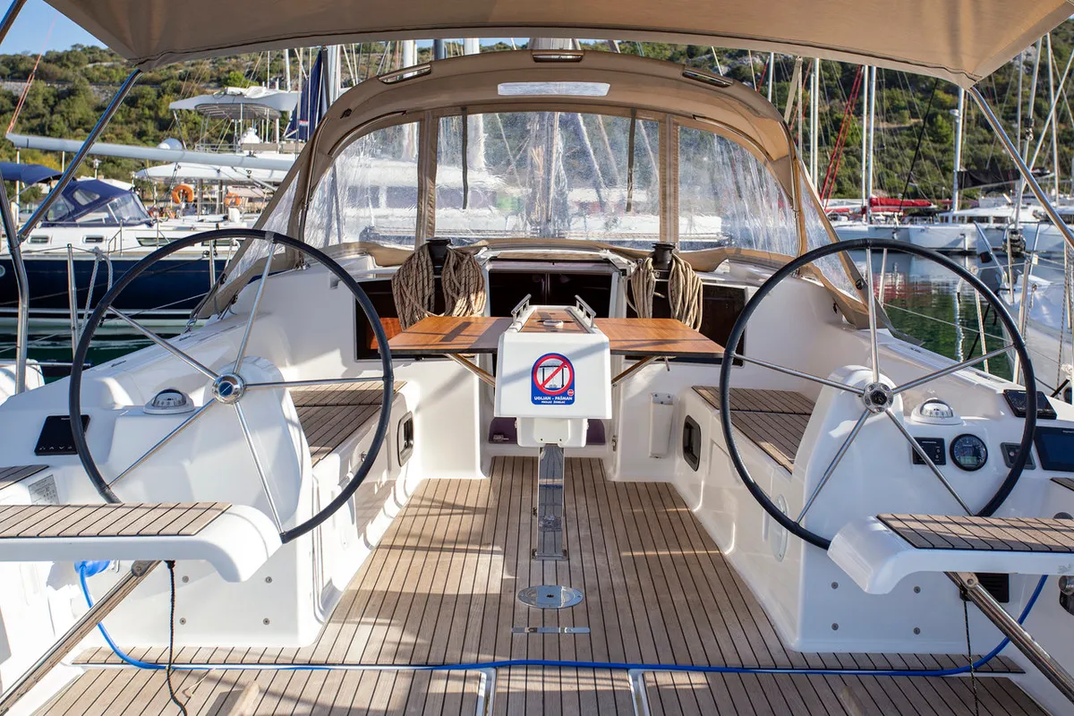Cockpit of Niké, a Dufour 382 GL sailboat at Grad Pula, Croatia