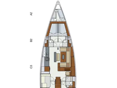 Floor plan of BenSwiss, a Hanse 575 sailboat at Bodrum, Turkey