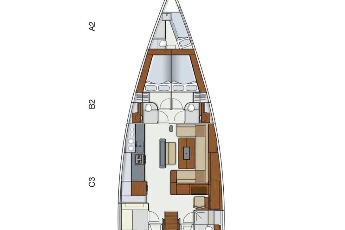 Floor plan of BenSwiss, a Hanse 575 sailboat at Bodrum, Turkey