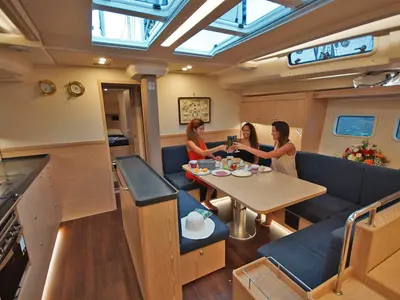 Salon of BenSwiss, a Hanse 575 sailboat at Bodrum, Turkey