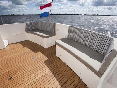 Deck of Neptunus, a Gulet Brandsma Luna 40 motorboat at Heukelum, Netherlands
