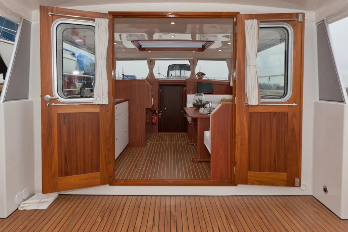 Deck of Neptunus, a Gulet Brandsma Luna 40 motorboat at Heukelum, Netherlands