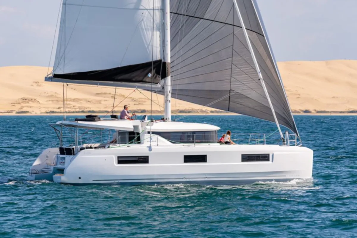 Exterior view of no name, a Lagoon 46 catamaran at Athens, Greece