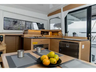 Galley of Pura Vida, a Excess 11 catamaran at Ribishi, Saint Vincent and the Grenadines