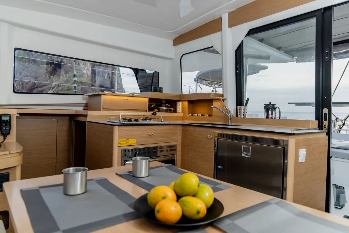 Galley of Pura Vida, a Excess 11 catamaran at Ribishi, Saint Vincent and the Grenadines