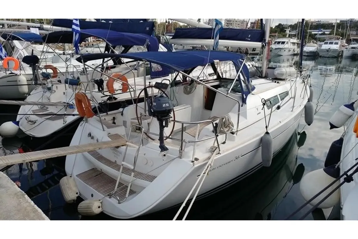 Exterior view of Catrina, a Jeanneau Sun Odyssey 36i sailboat at Municipal Unit of Elefsina, Greece