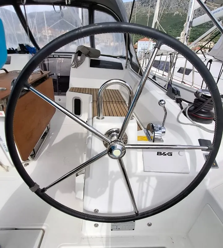 Cockpit of Taylor, a Beneteau Oceanis 40.1 sailboat at Municipal Unit of Lefkada, Greece
