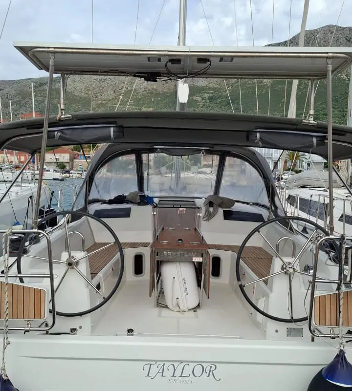 Cockpit of Taylor, a Beneteau Oceanis 40.1 sailboat at Municipal Unit of Lefkada, Greece