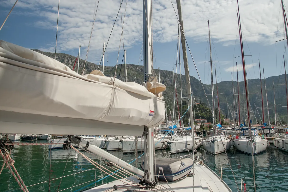 Exterior view of Easy Point, a Bavaria Cruiser 46 sailboat at Split, Croatia