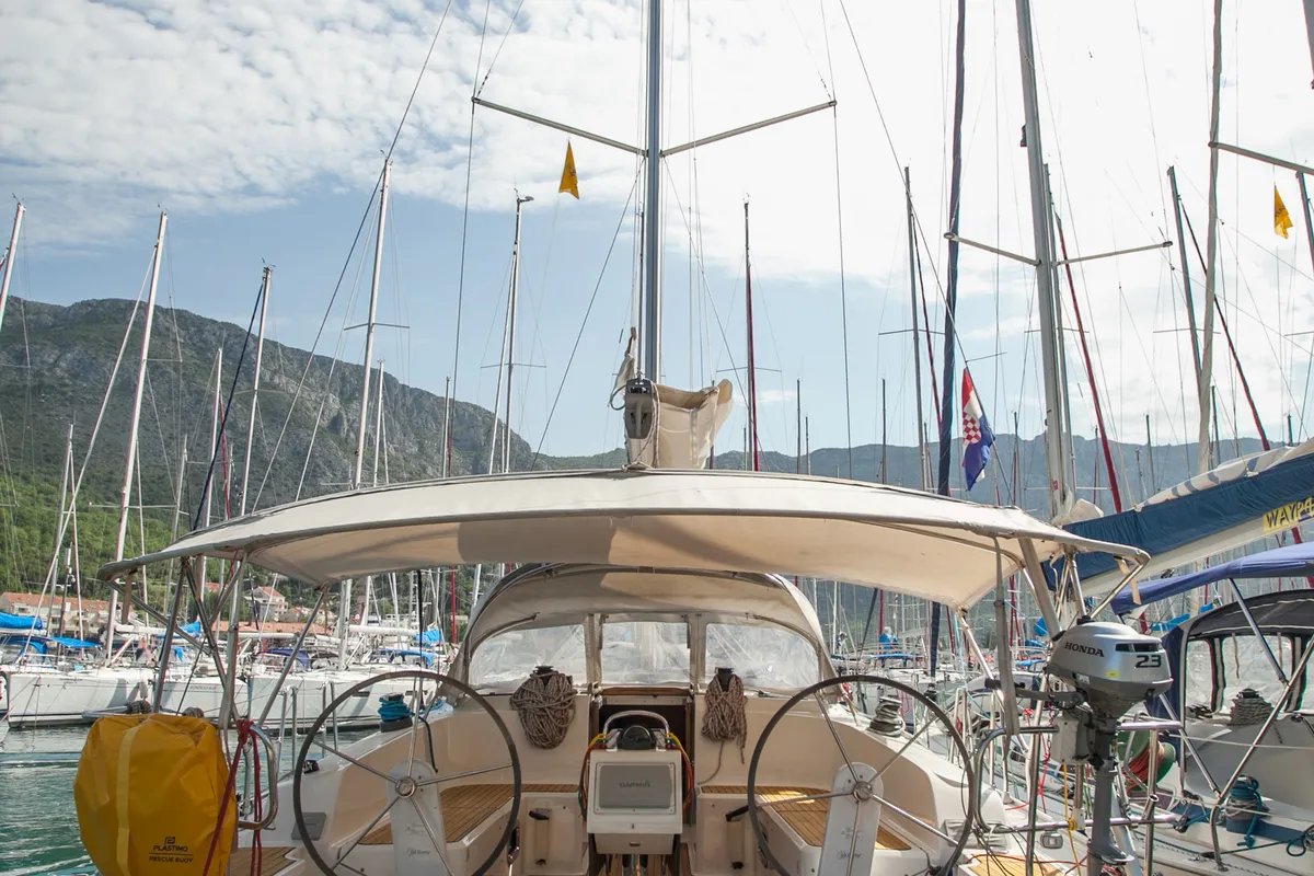 Exterior view of Easy Point, a Bavaria Cruiser 46 sailboat at Split, Croatia