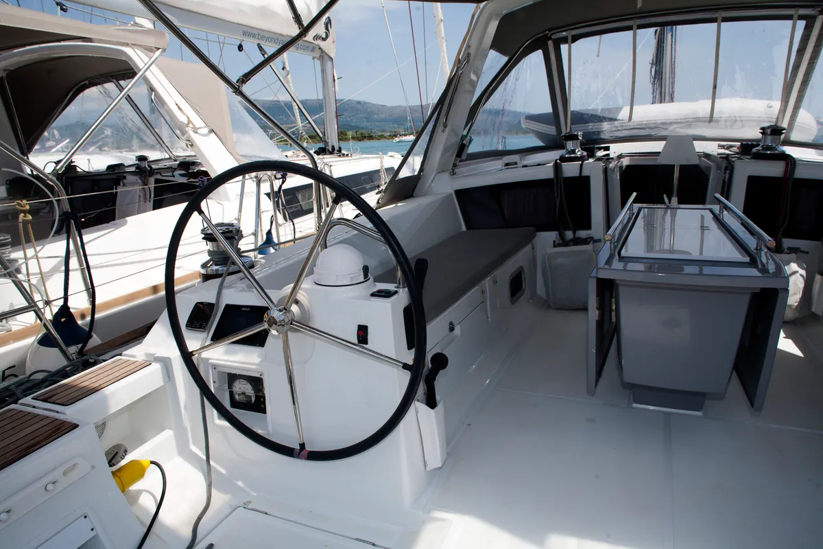 Cockpit of Annita, a Beneteau Oceanis 48 sailboat at Municipal Unit of Rhodes, Greece