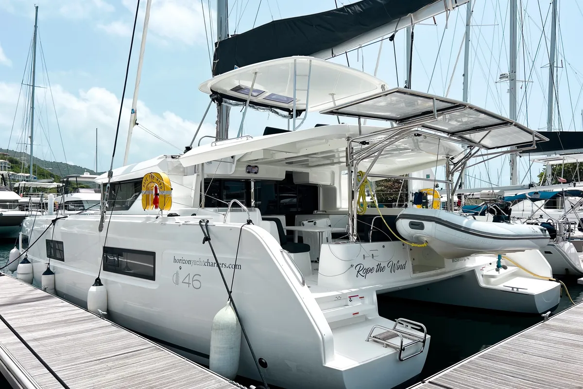 Exterior view of Rope The Wind, a Lagoon 46 catamaran at Road Town, British Virgin Islands