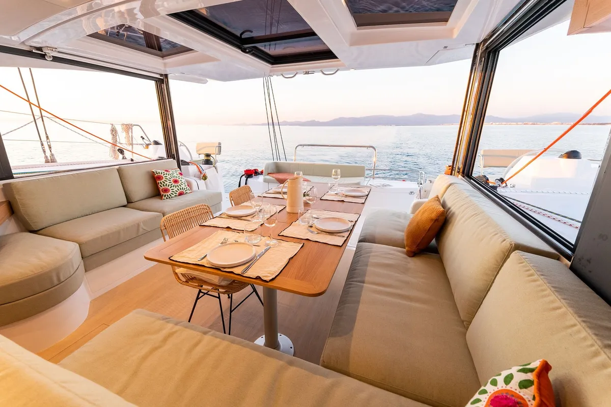 Salon of The Maestro Cat, a Bali Catsmart catamaran at Municipal Unit of Lefkada, Greece