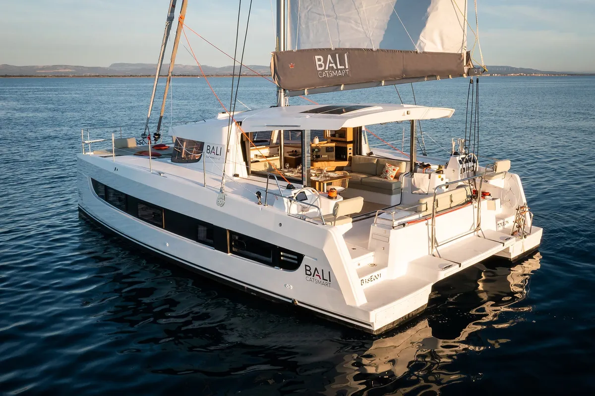 Exterior view of The Maestro Cat, a Bali Catsmart catamaran at Municipal Unit of Lefkada, Greece
