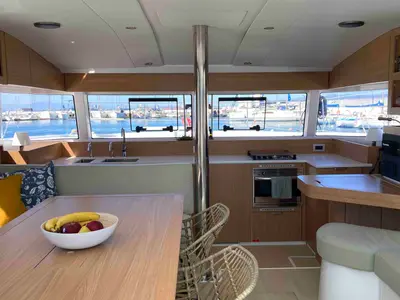 Salon of The Maestro Cat, a Bali Catsmart catamaran at Municipal Unit of Lefkada, Greece