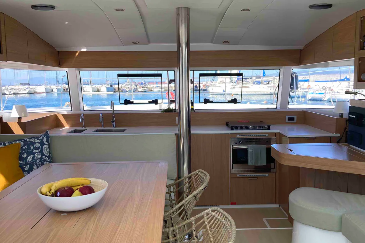 Salon of The Maestro Cat, a Bali Catsmart catamaran at Municipal Unit of Lefkada, Greece