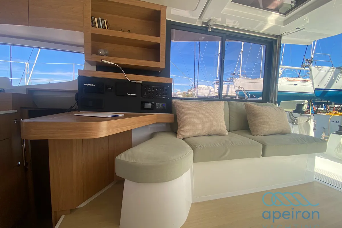 Salon of The Maestro Cat, a Bali Catsmart catamaran at Municipal Unit of Lefkada, Greece