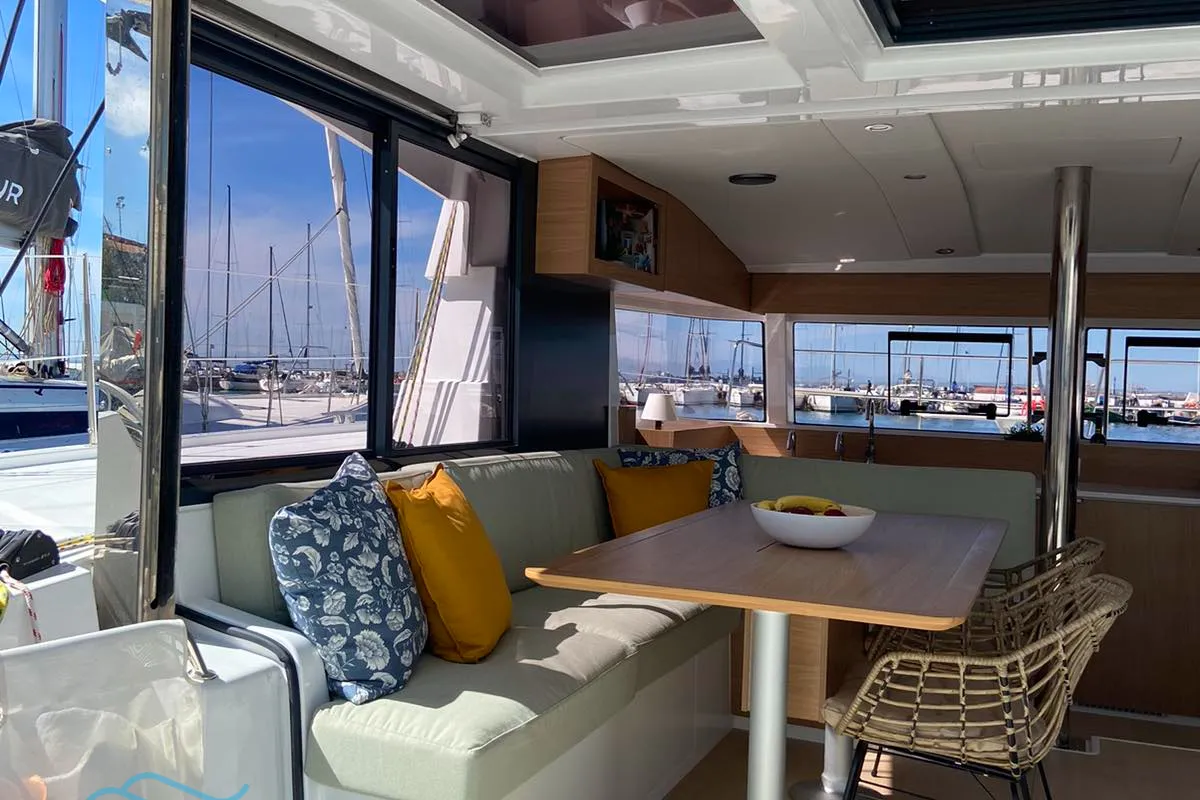 Salon of The Maestro Cat, a Bali Catsmart catamaran at Municipal Unit of Lefkada, Greece