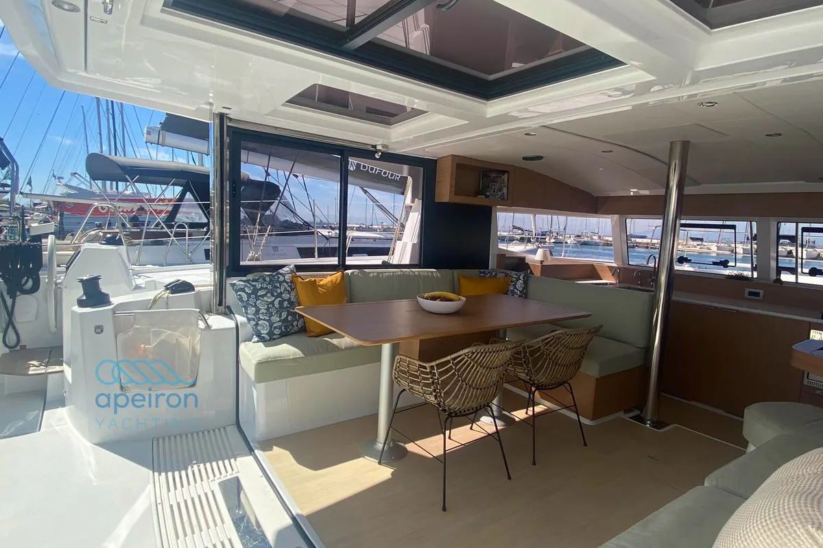 Salon of The Maestro Cat, a Bali Catsmart catamaran at Municipal Unit of Lefkada, Greece