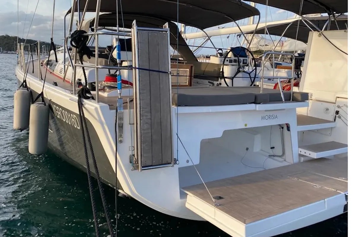 Exterior view of Morisia, a Dufour 56 Exclusive sailboat at Olbia, Italy