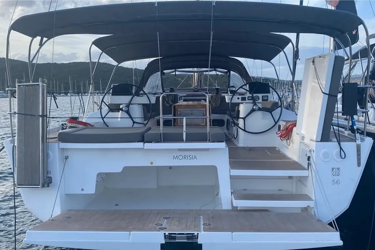 Exterior view of Morisia, a Dufour 56 Exclusive sailboat at Olbia, Italy