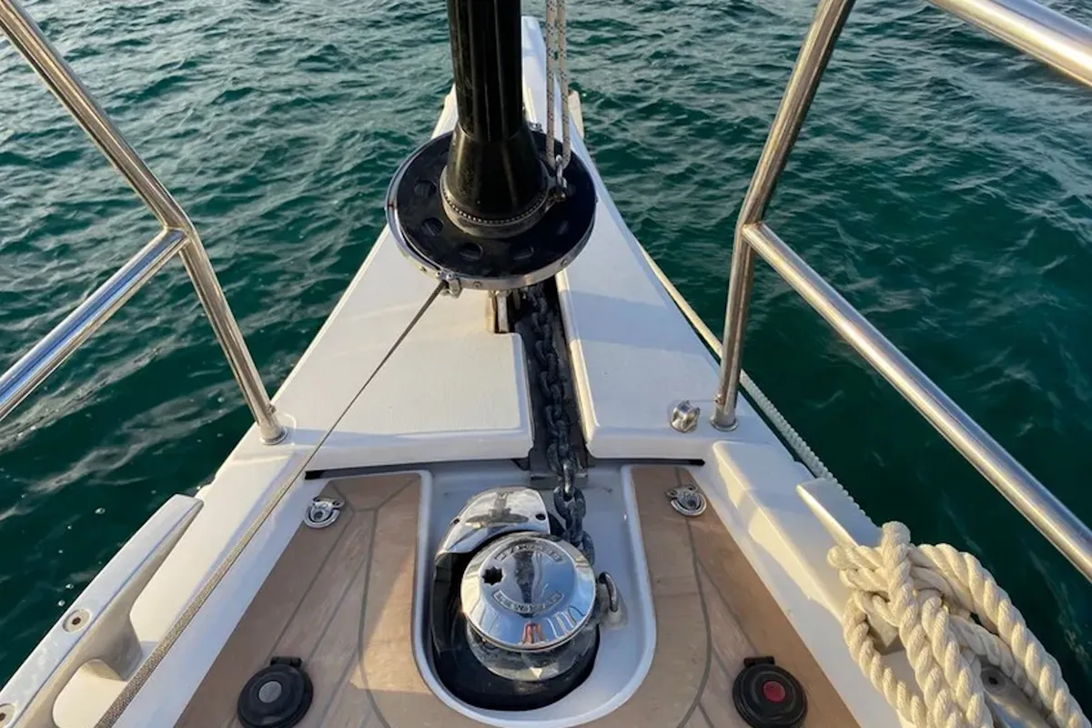 Deck of Morisia, a Dufour 56 Exclusive sailboat at Olbia, Italy