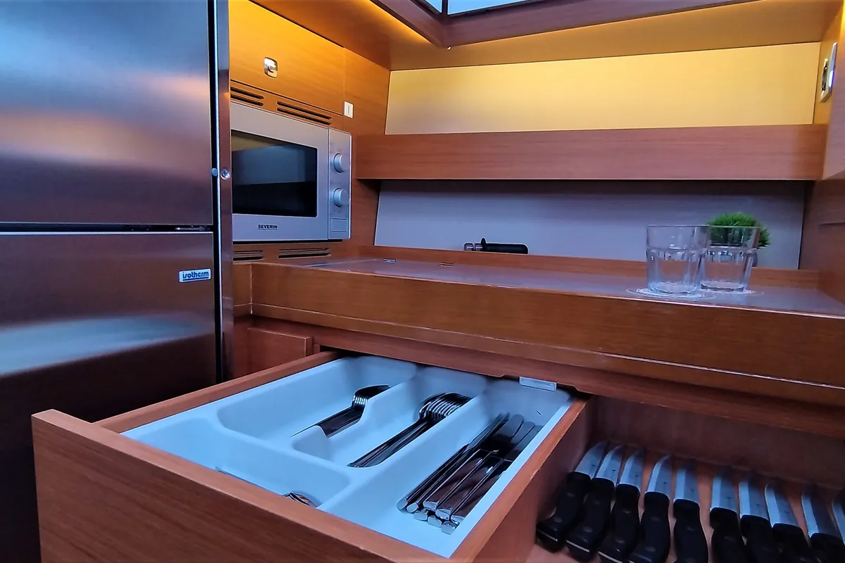 Galley of Morisia, a Dufour 56 Exclusive sailboat at Olbia, Italy