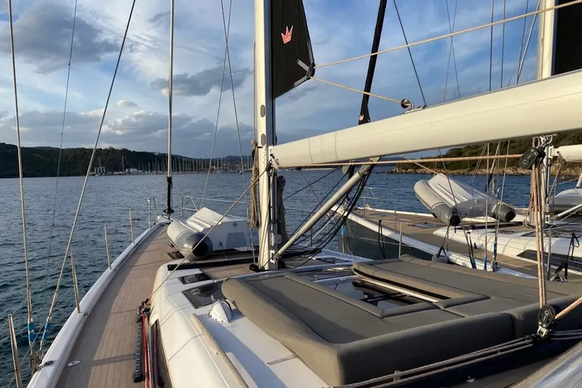 Deck of Morisia, a Dufour 56 Exclusive sailboat at Olbia, Italy