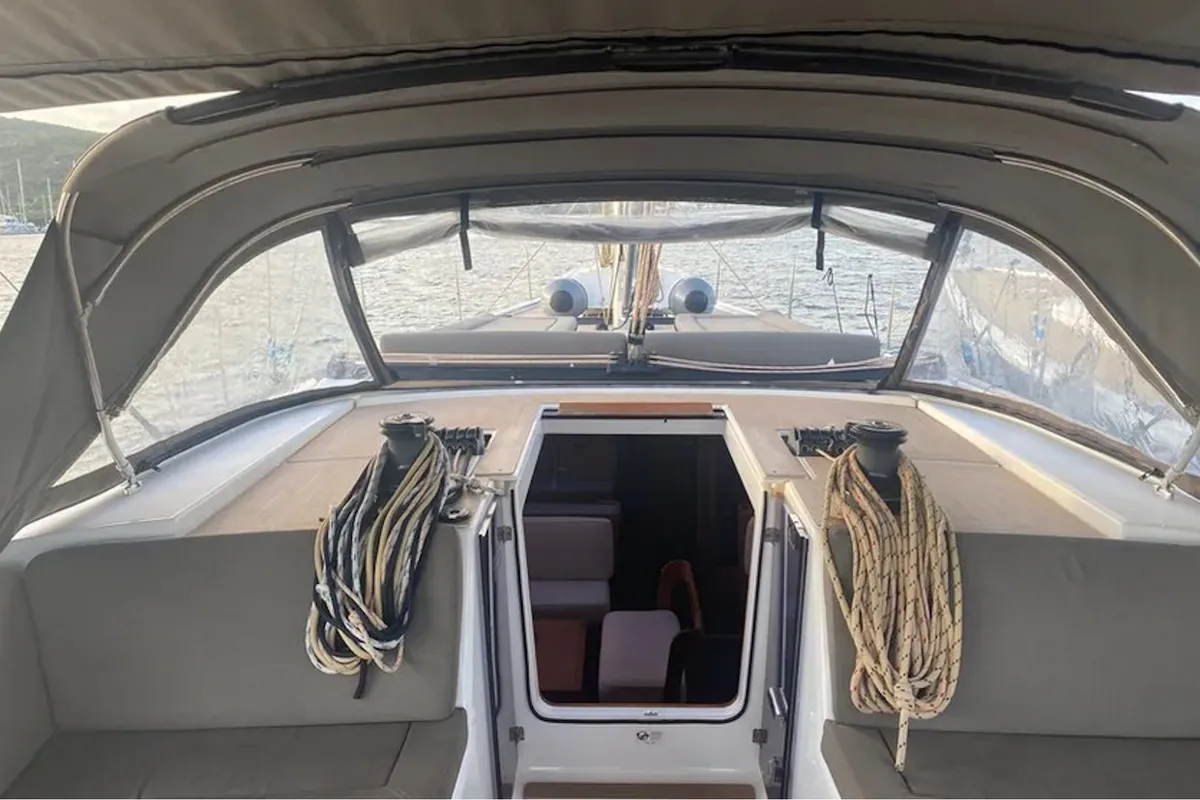 Deck of Morisia, a Dufour 56 Exclusive sailboat at Olbia, Italy