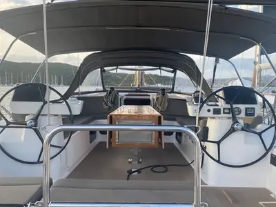 Cockpit of Morisia, a Dufour 56 Exclusive sailboat at Olbia, Italy