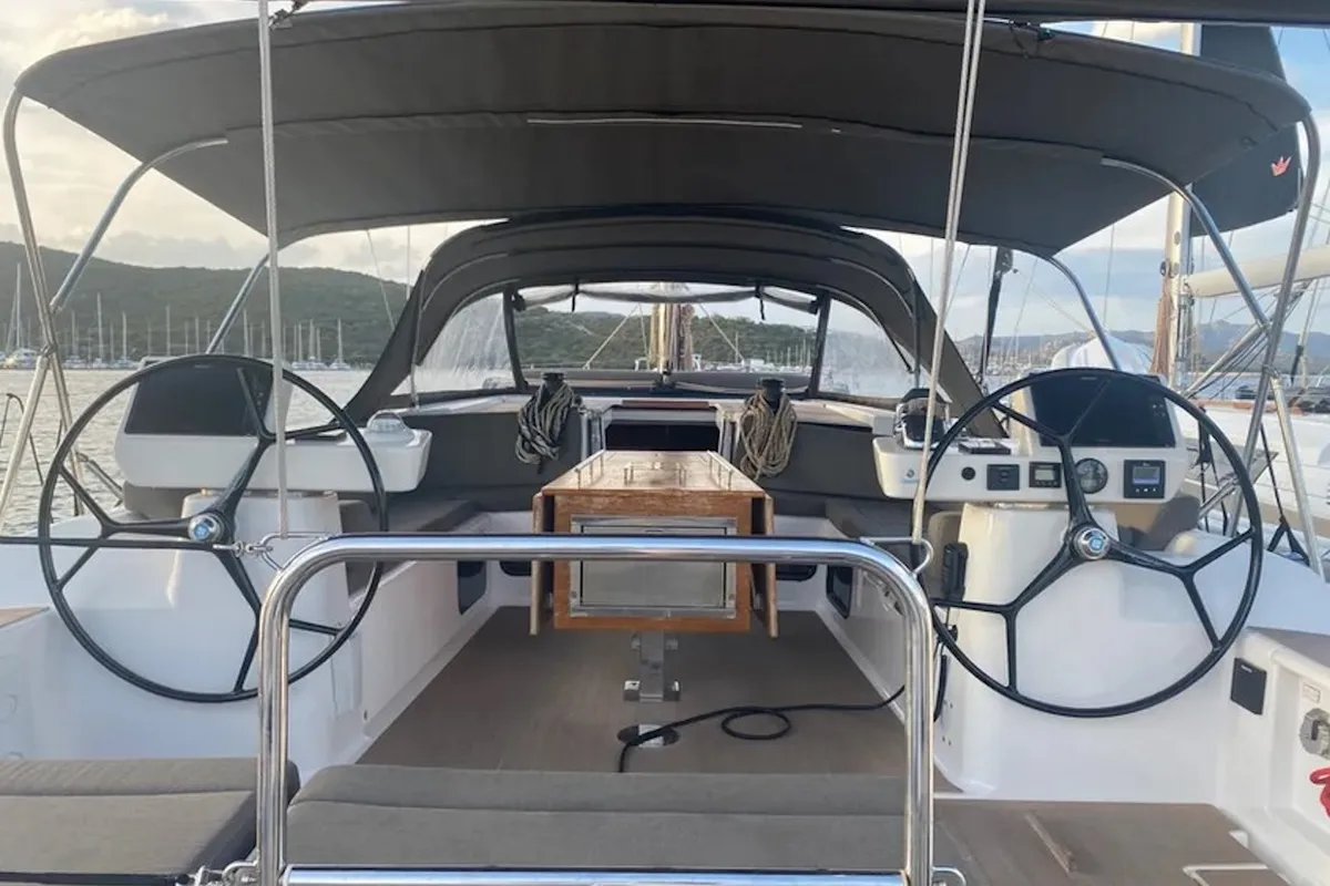 Cockpit of Morisia, a Dufour 56 Exclusive sailboat at Olbia, Italy