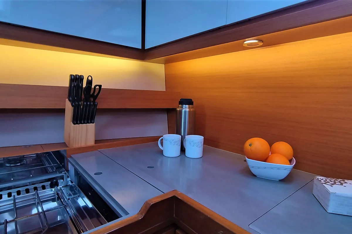 Galley of Morisia, a Dufour 56 Exclusive sailboat at Olbia, Italy