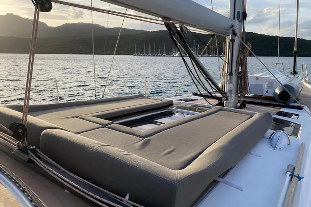 Deck of Morisia, a Dufour 56 Exclusive sailboat at Olbia, Italy