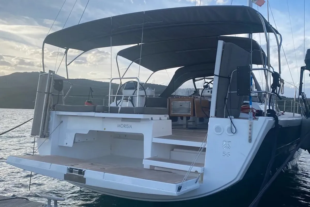 Exterior view of Morisia, a Dufour 56 Exclusive sailboat at Olbia, Italy