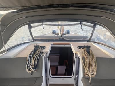 Deck of Morisia, a Dufour 56 Exclusive sailboat at Olbia, Italy