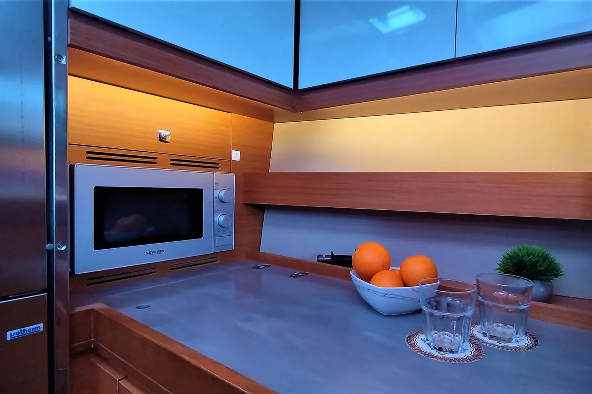 Galley of Morisia, a Dufour 56 Exclusive sailboat at Olbia, Italy