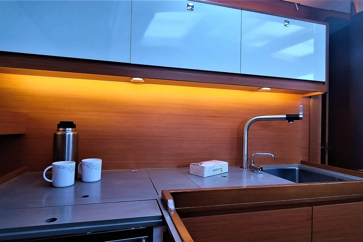 Galley of Morisia, a Dufour 56 Exclusive sailboat at Olbia, Italy