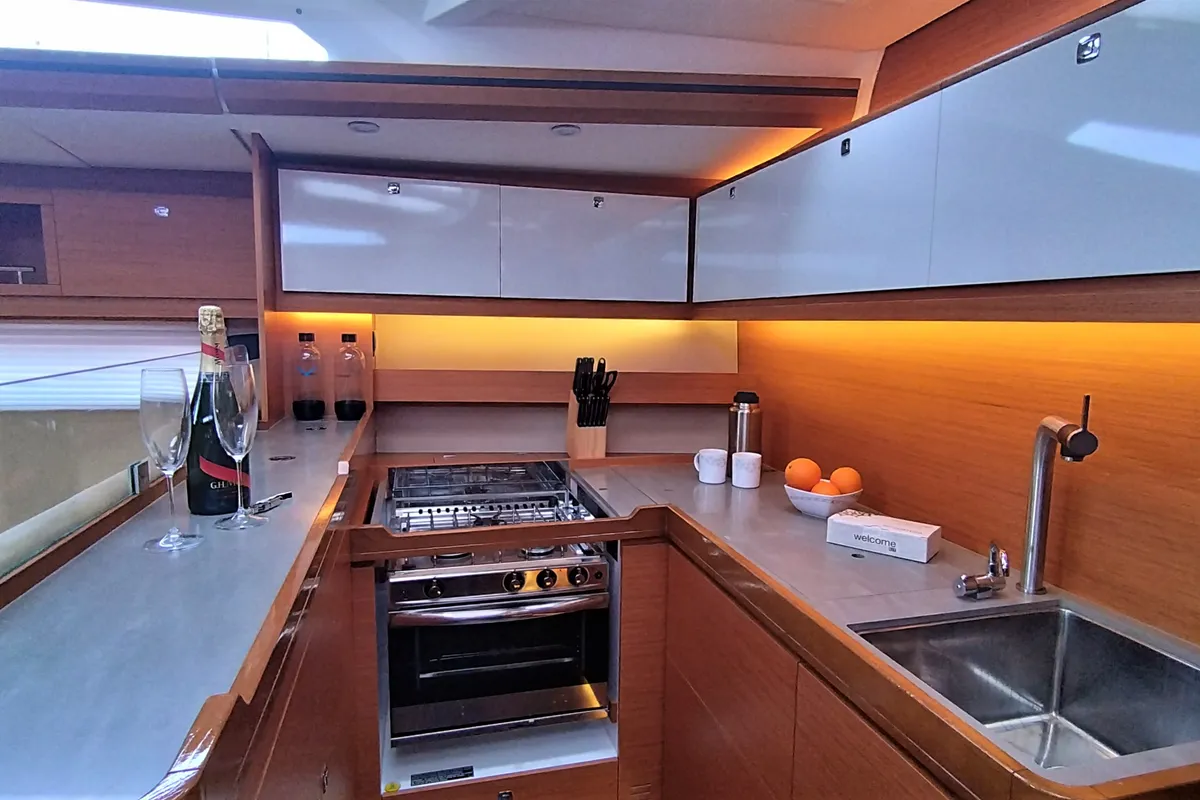 Galley of Morisia, a Dufour 56 Exclusive sailboat at Olbia, Italy