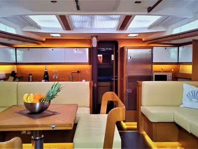 Salon of Morisia, a Dufour 56 Exclusive sailboat at Olbia, Italy