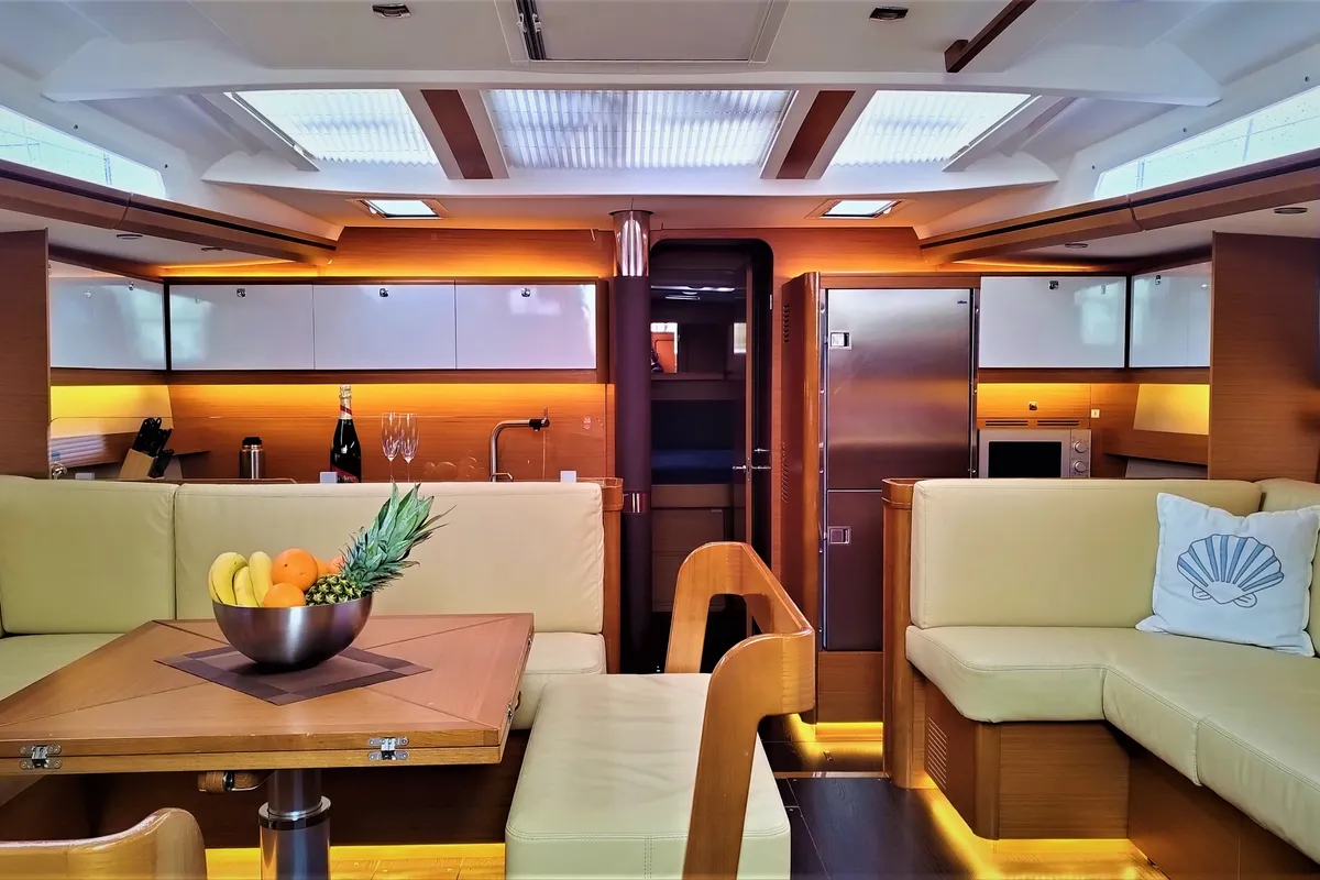 Salon of Morisia, a Dufour 56 Exclusive sailboat at Olbia, Italy