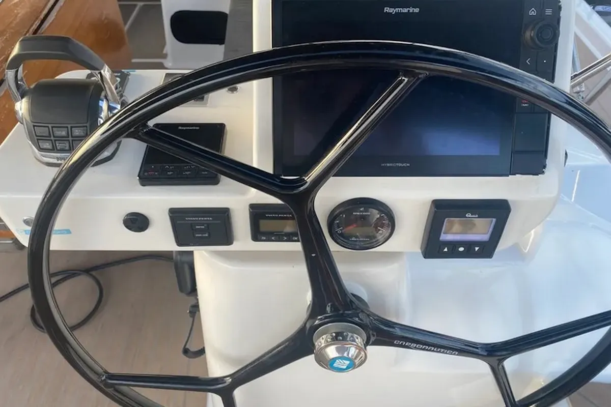 Cockpit of Morisia, a Dufour 56 Exclusive sailboat at Olbia, Italy