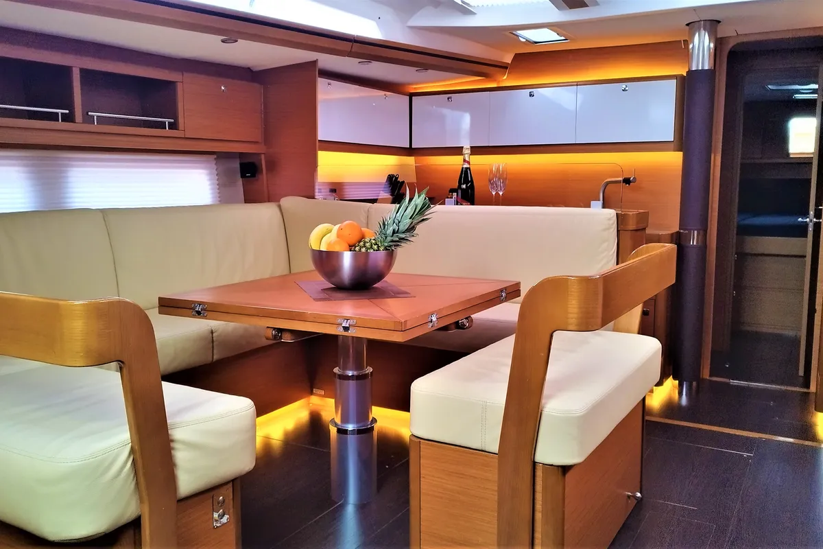 Salon of Morisia, a Dufour 56 Exclusive sailboat at Olbia, Italy
