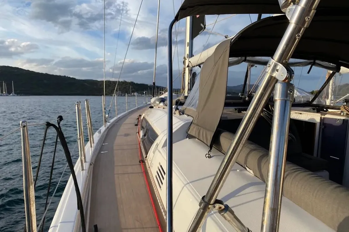 Deck of Morisia, a Dufour 56 Exclusive sailboat at Olbia, Italy