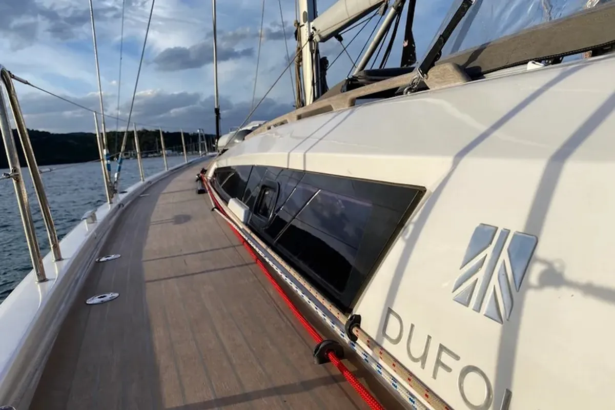 Exterior view of Morisia, a Dufour 56 Exclusive sailboat at Olbia, Italy