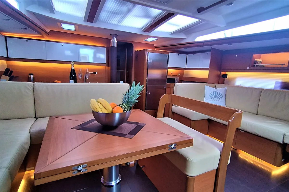 Salon of Morisia, a Dufour 56 Exclusive sailboat at Olbia, Italy