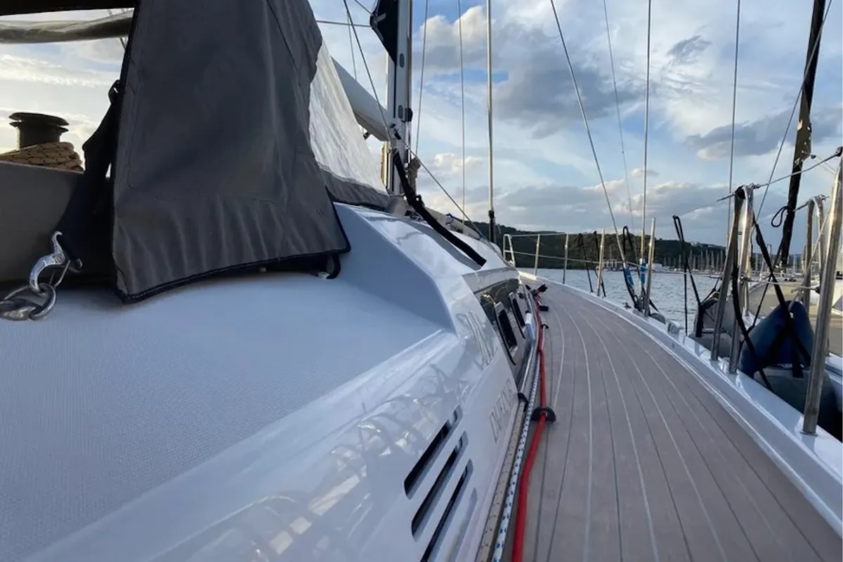 Deck of Morisia, a Dufour 56 Exclusive sailboat at Olbia, Italy