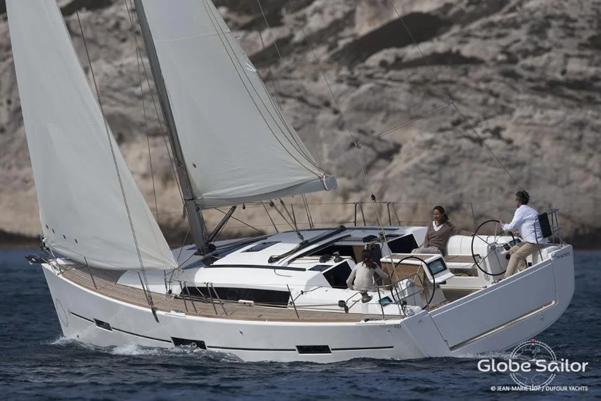 Exterior view of Tigre do Mar, a Dufour 410 Grand Large sailboat at Angra dos Reis, Brazil